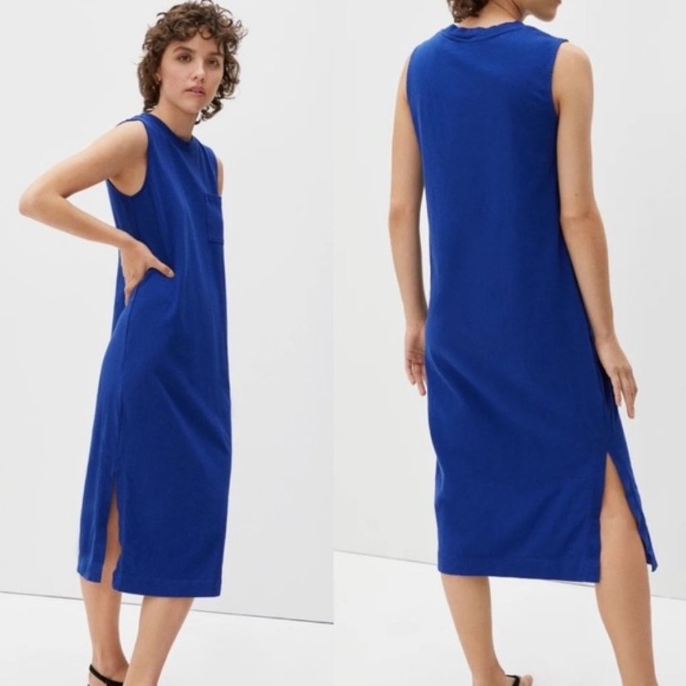 Everlane The Long Weekend Side Slit 100% Cotton Royal Blue Midi Dress Size XXS